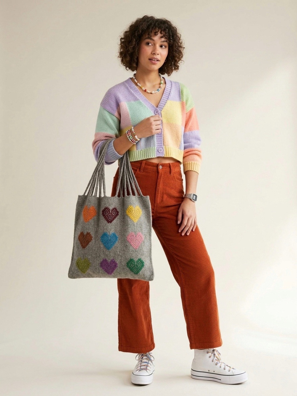 Mexican Handcrafted Grey Wool Knit Shoulder Tote, Woven Hearts Market Bag - Picture 3 of 17